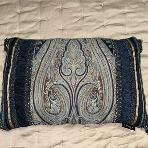 J. QUEEN Chenille Damask Blue Tasseled Beaded Boudoir Throw Pillow REPAIR NEEDED